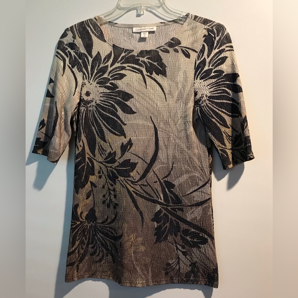 Coldwater Creek Black and Beige Floral Short-Sleeve Top S